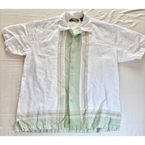 Men's Cubavera Short Sleeve Button Up Linen Shirt, White with Green - Medium